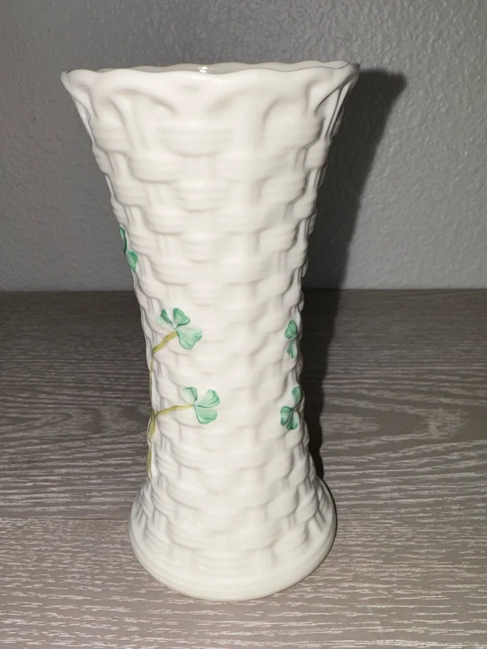 Belleek Ireland basketweave vase Shamrock Pattern